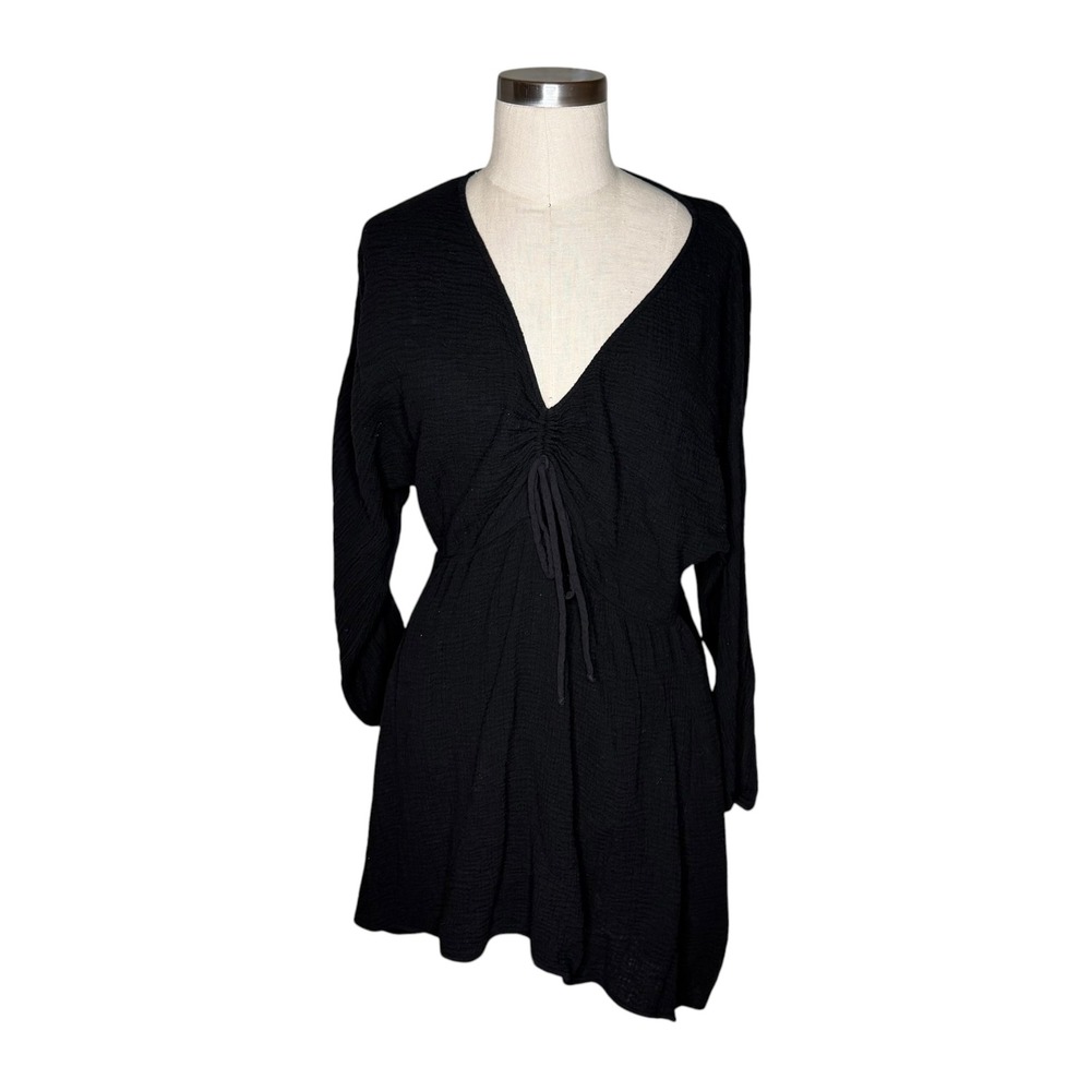 THE HANDLOOM Gaia Drawstring Gauze Mini Dress Black V-Neck Cinch Front One‎ Size